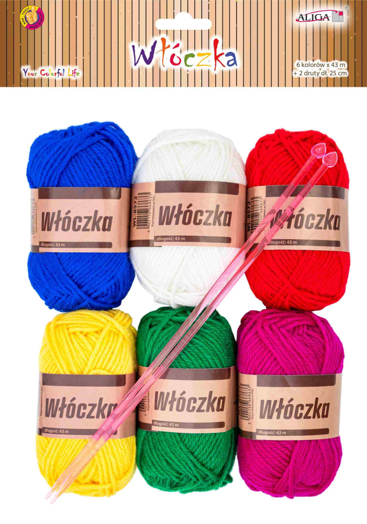 Włóczka 43m WL-8572 (6) mix kol. + 2 szt.. drutów 25cm Aliga